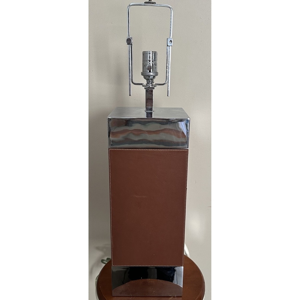 Rare Ralph Lauren Leather Table Desk Lamp Chrome Vintage Brown Square Rectangle